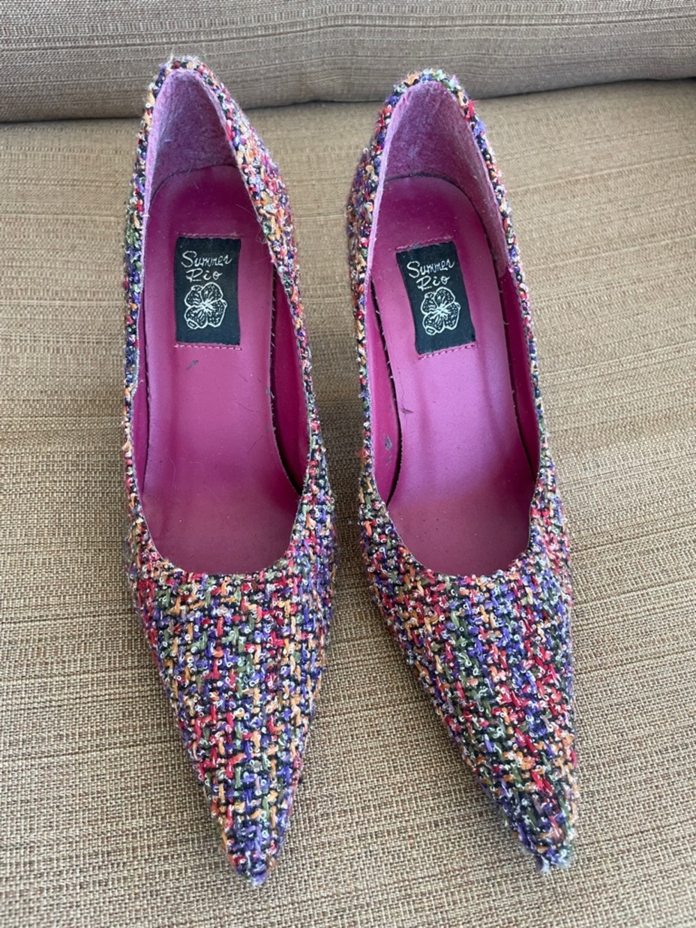 Summer Rio Multicolor Tweed Pointed Toe Pumps with Pink Lining - Picture 4 of 8